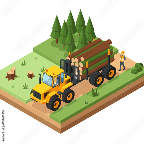 Yellow Logging Truck with Timber and Worker.