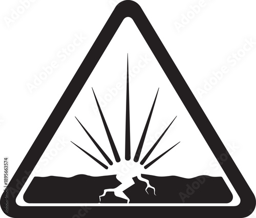 Explosion hazard warning symbol, representing a blast originating from a cracked surface under a horizon line, indicating a dangerous area