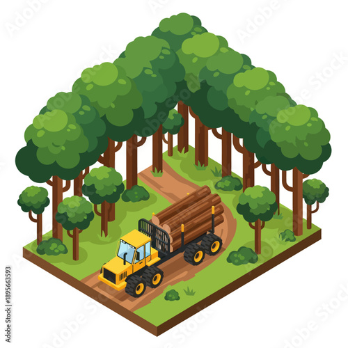 Yellow Tractor with Timber Trailer in Forest.