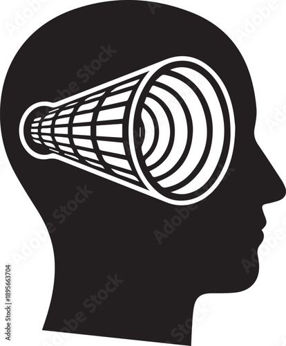 Silhouette of a human head with a stylized cone-shaped telescope or vision element inside, symbolizing foresight, ideas, and observation