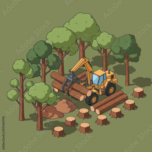 Yellow Excavator Logging Operation in Forest.