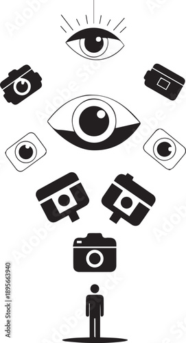 Surveillance society concept with eyes, cameras, and a person, representing observation and monitoring in a digital age, with abstract elements