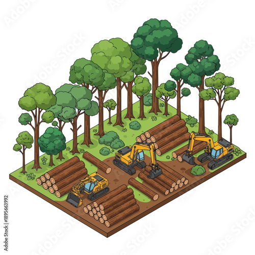 Logging Operation with Excavators in Forest.