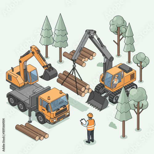 Logging Operation with Heavy Machinery and Worker.