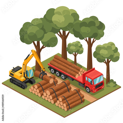 Excavator and Logging Truck with Timber.