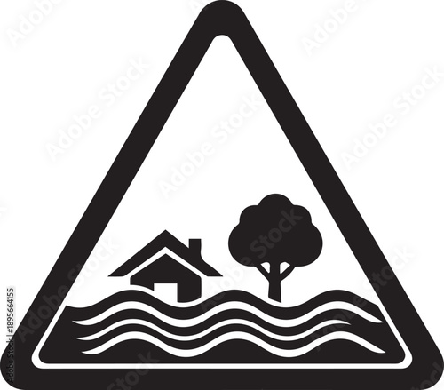 Flood warning icon featuring a house and tree partially submerged in water, symbolizing a hazard and the importance of environmental awareness and preparedness