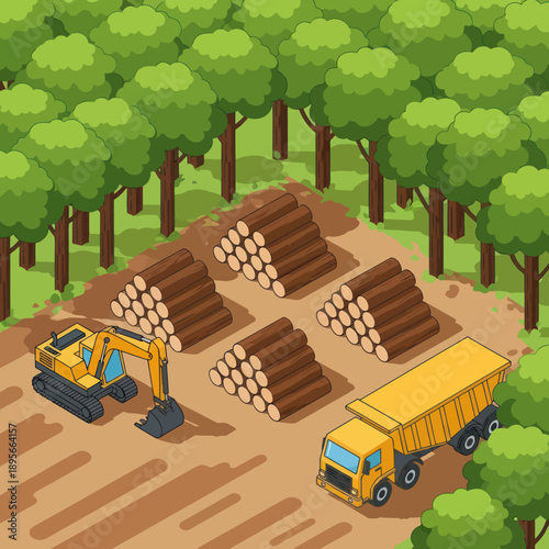 Logging Operation with Excavator and Truck.