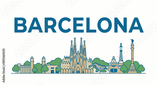 Barcelona city skyline with famous landmarks vector illustration