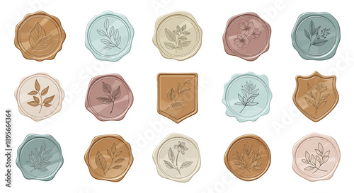 Collection of Botanical Wax Seals in Pastel Colors - Vintage Design Elements