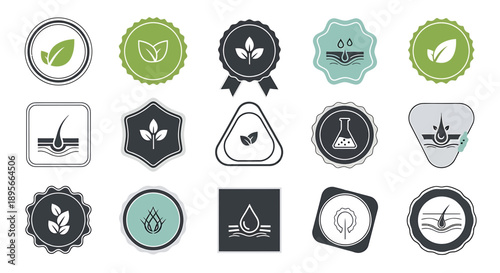 Natural Organic Icons Set: Leaves, Hair Care, Water Drops, Science