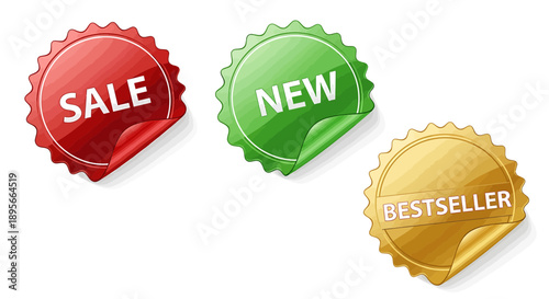 Red Sale, Green New, and Gold Bestseller Stickers - Isolated on White Background