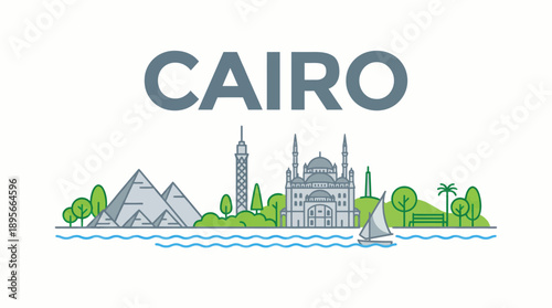 Cairo skyline with famous landmarks vector illustration