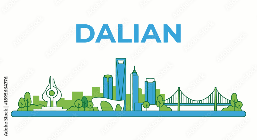 Fototapeta premium Dalian city skyline with bridge and landmarks vector illustration