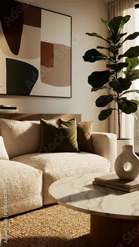 A serene living room with a modern sofa and a large plant in a video showcasing interior design