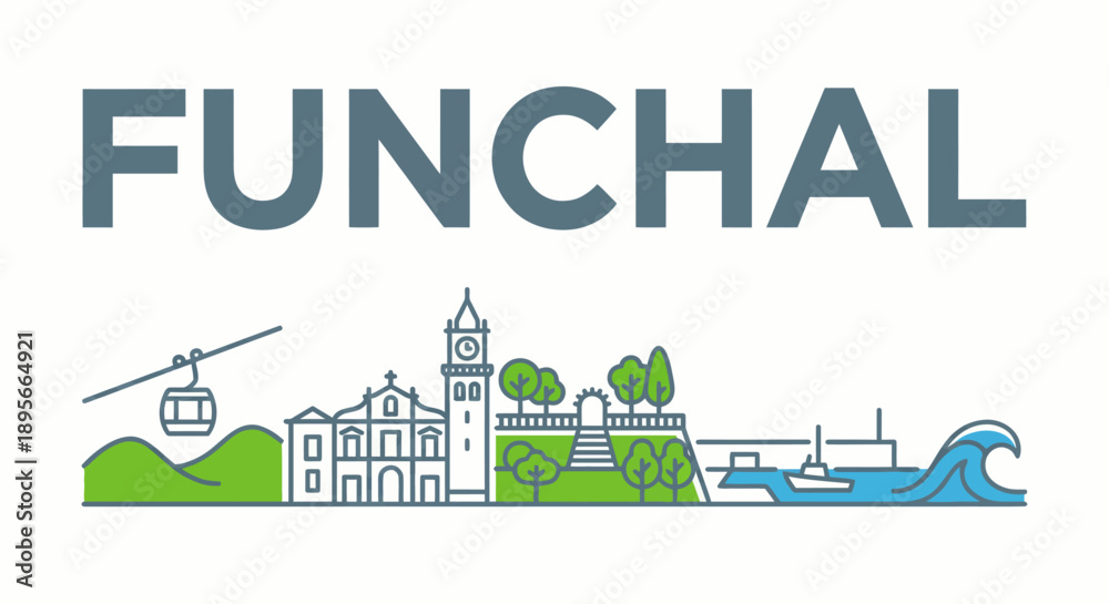 Fototapeta premium Funchal city landmarks and skyline flat vector illustration