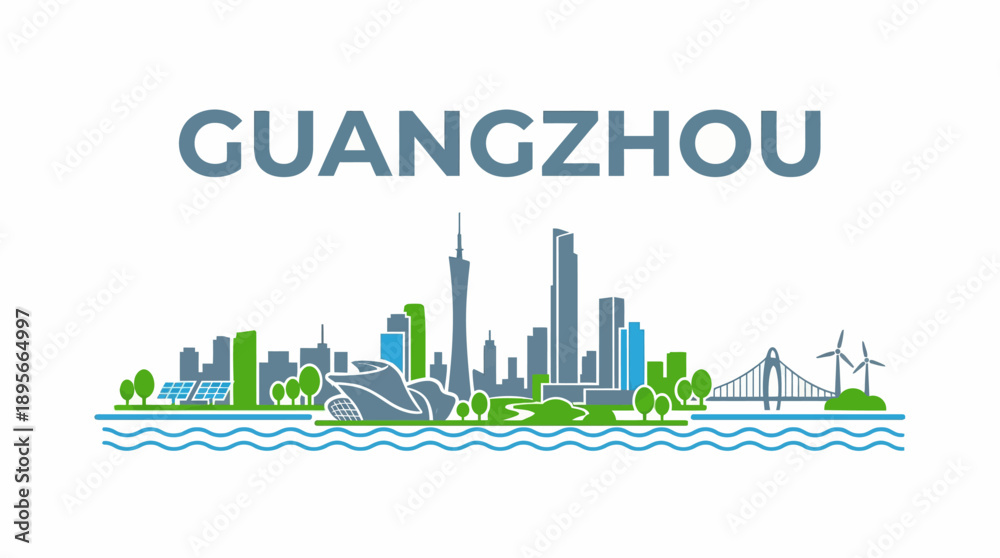 Fototapeta premium Guangzhou city skyline with green energy elements vector illustration
