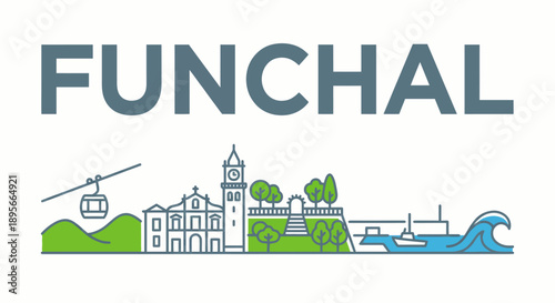 Funchal city landmarks and skyline flat vector illustration