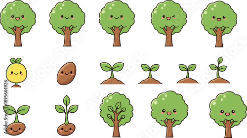 Cute Kawaii Tree Life Cycle Collection with Happy Seed Sprout Sapling and Mature Fruit Trees Cartoon Vector Illustration Isolated on White Background for Kids