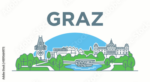 Graz city landmarks and skyline vector illustration