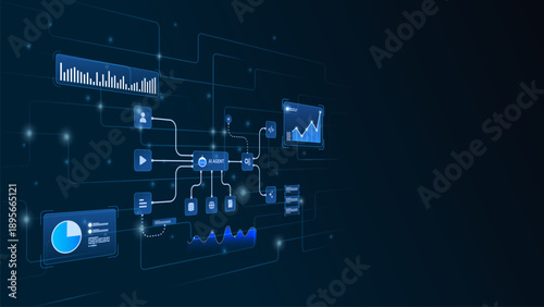 AI workflow automation artificial intelligence. ai agent workflow diagram showing analytics panel, data pipeline and process flow.