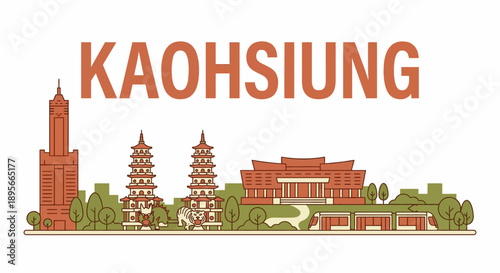Kaohsiung Taiwan city skyline landmarks vector illustration