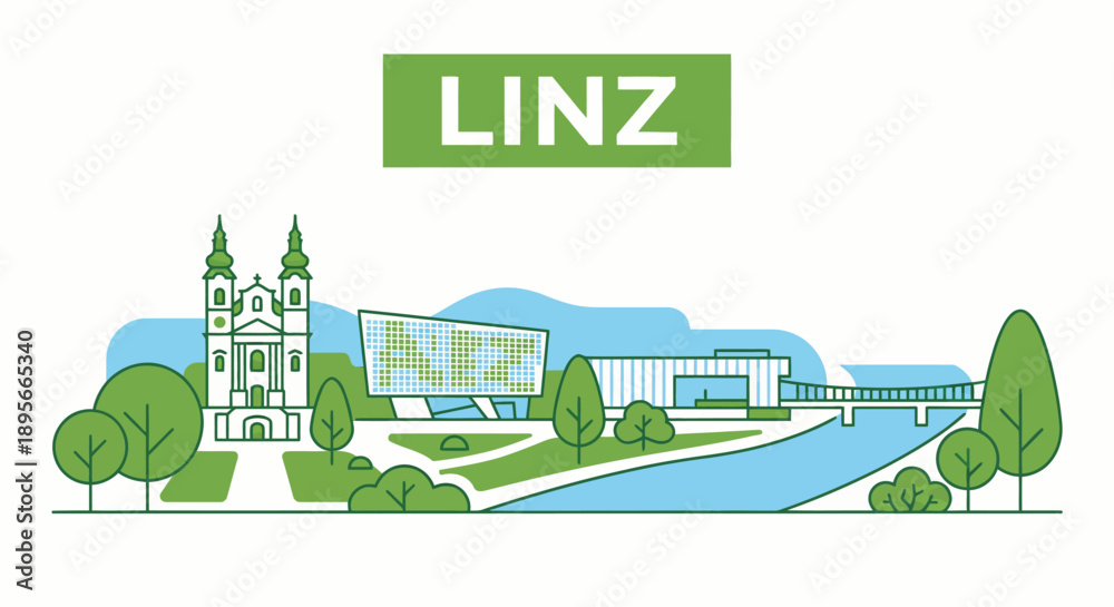 Fototapeta premium Linz city skyline landmarks flat vector illustration