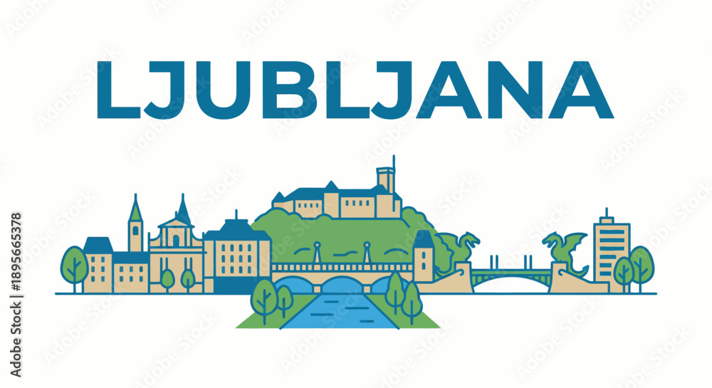 Obraz premium Ljubljana city skyline with castle and bridge vector illustration
