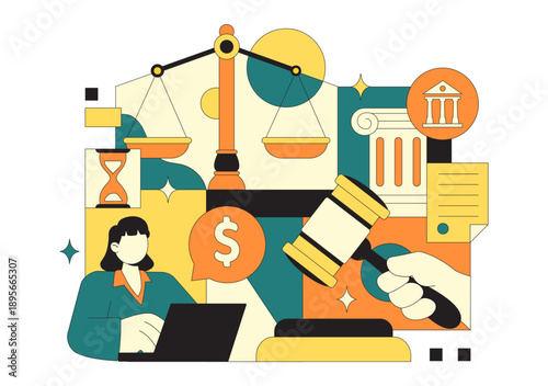 Law Firm Services Vector Illustration Featuring Justice, Legal Advice, Court Judgment, And Lawyer Consultation With Flat Cartoon Style Background