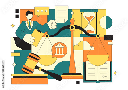 Law Firm Services Vector Illustration Featuring Justice, Legal Advice, Court Judgment, And Lawyer Consultation With Flat Cartoon Style Background