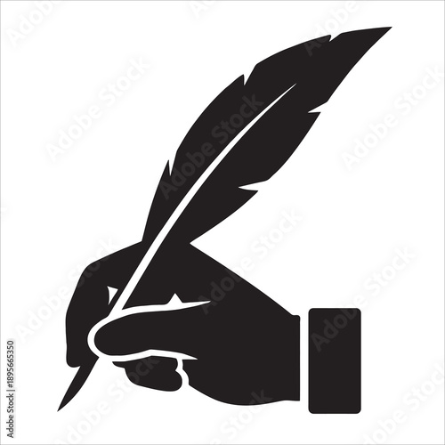 Hand Holding Quill Pen Silhouette Writing and Calligraphy Vector Icon