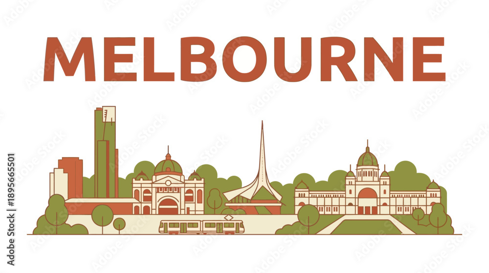 Fototapeta premium Melbourne city skyline with famous landmarks vector illustration