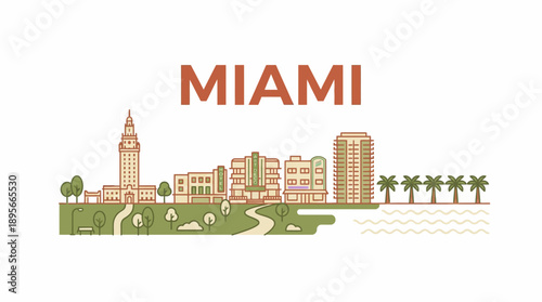 Miami skyline with Art Deco buildings and palm trees vector illustration