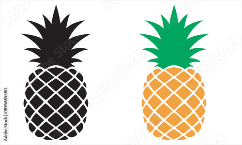 Fresh Pineapple Fruit Icon Set Tropical Silhouette and Color Vector Illustration
