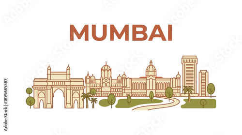 Mumbai skyline landmarks featuring Gateway of India vector illustration