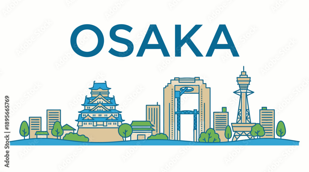 Naklejka premium Osaka city skyline landmarks travel vector illustration