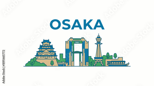 Osaka city skyline landmarks with typography vector illustration