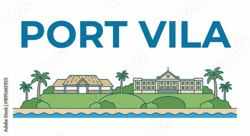 Port Vila city skyline travel landmark vector illustration