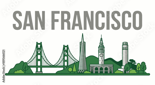San Francisco skyline landmarks flat vector illustration