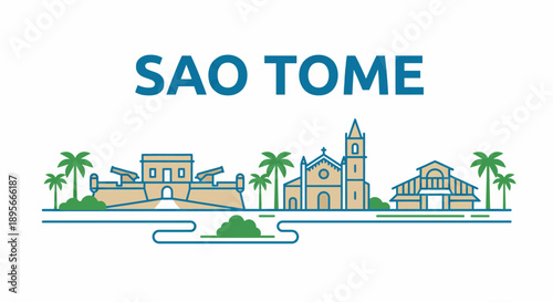 Sao Tome city skyline landmarks travel vector illustration