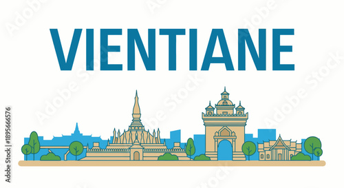 Vientiane Laos city skyline landmarks vector illustration