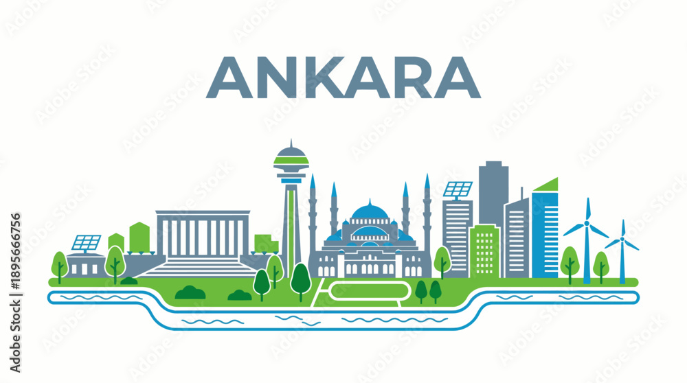 Fototapeta premium Ankara city skyline with landmarks and green energy vector illustration