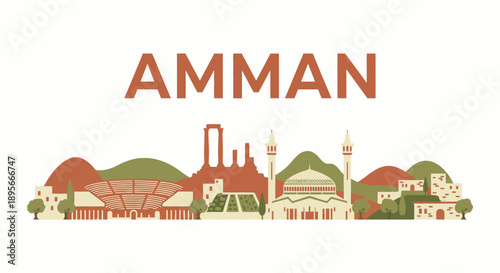 Amman Jordan city skyline landmarks vector illustration