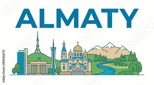 Almaty Kazakhstan city skyline with mountains vector illustration