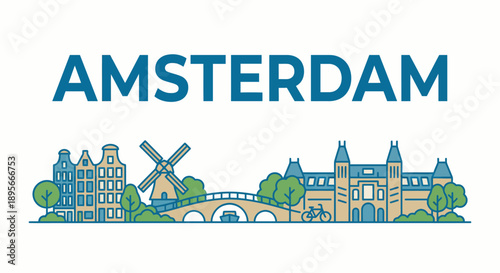 Amsterdam city skyline with famous landmarks vector illustration