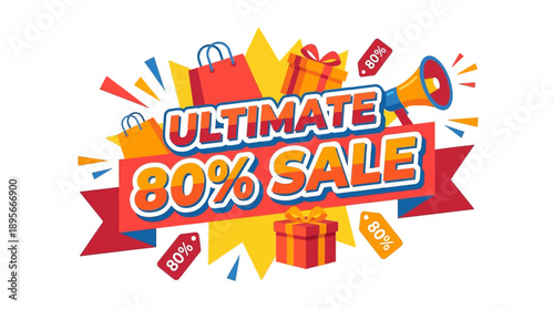 Exciting Ultimate 80% Sale Event with Colorful Decorations and Shopping Bags in a Festive Atmosphere