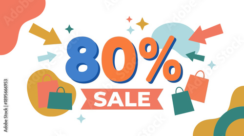 Massive 80% Sale Announcement on Shopping Items in Colorful Graphic Design Environment