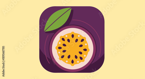 Illustration of a stylized fruit cut with a leafy accent in a modern flat design style with