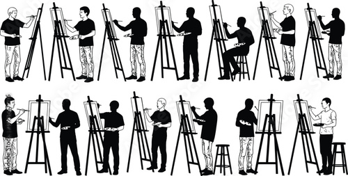 “Art Class Silhouettes – People Painting and Drawing at Easels in Workshop Setting on Gray Background”