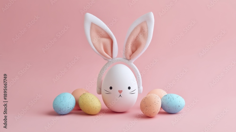 Fototapeta premium Cute Easter Egg with Bunny Ears Headband Surrounded by Colorful Eggs on Soft Pink Background for Holiday Celebrations