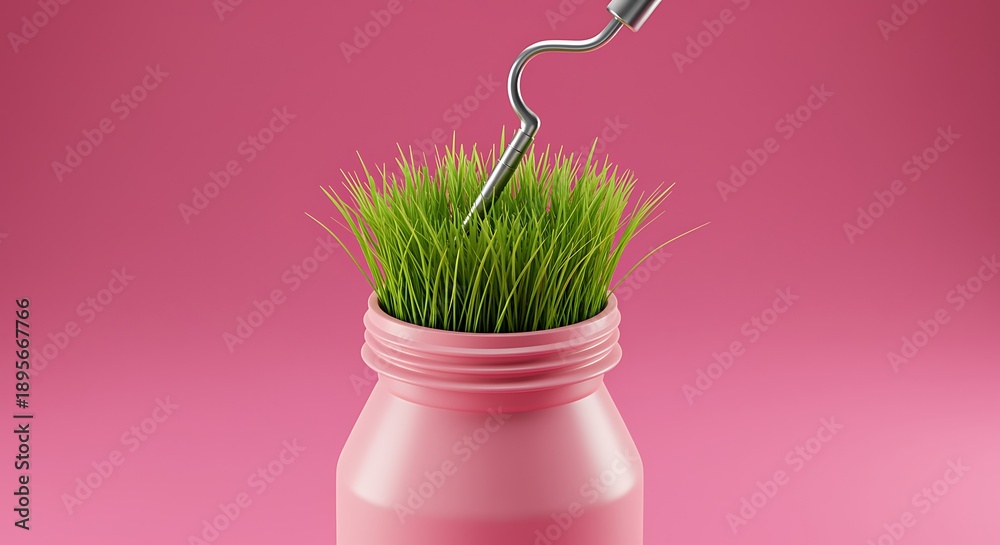 custom made wallpaper toronto digitalPink Bottle with Green Grass and Metal Hook 3D rendering